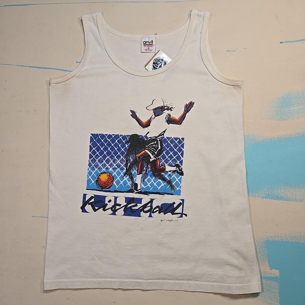 VTG Anvil M White Tank Kickball‎ Women's USA Vaughan 1990s Stained Single Stitch